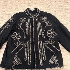 TravelSmith Black Soutache Braid Travel Cotton Jacket Hidden Zip Pockets sz XL